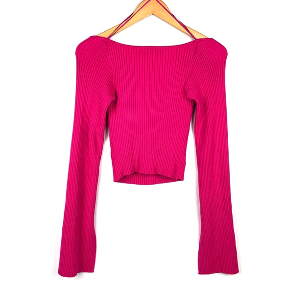 UO Juliet Portrait Neck Ribbed Sweater Fuchsia L - Picture 6 of 6